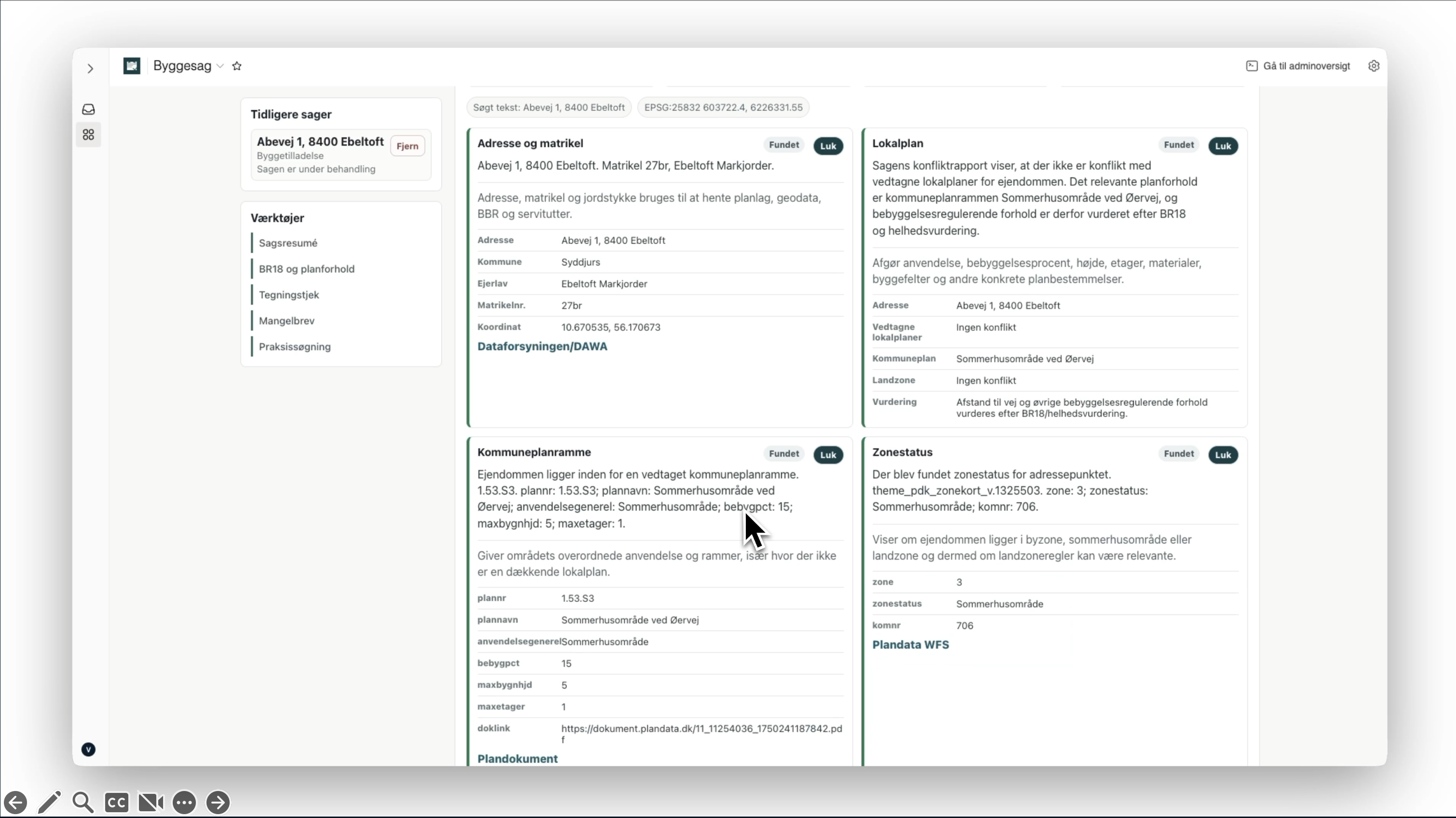 Screenshot of Promte's building permit panel with address, local plan, municipal planning framework and zoning status