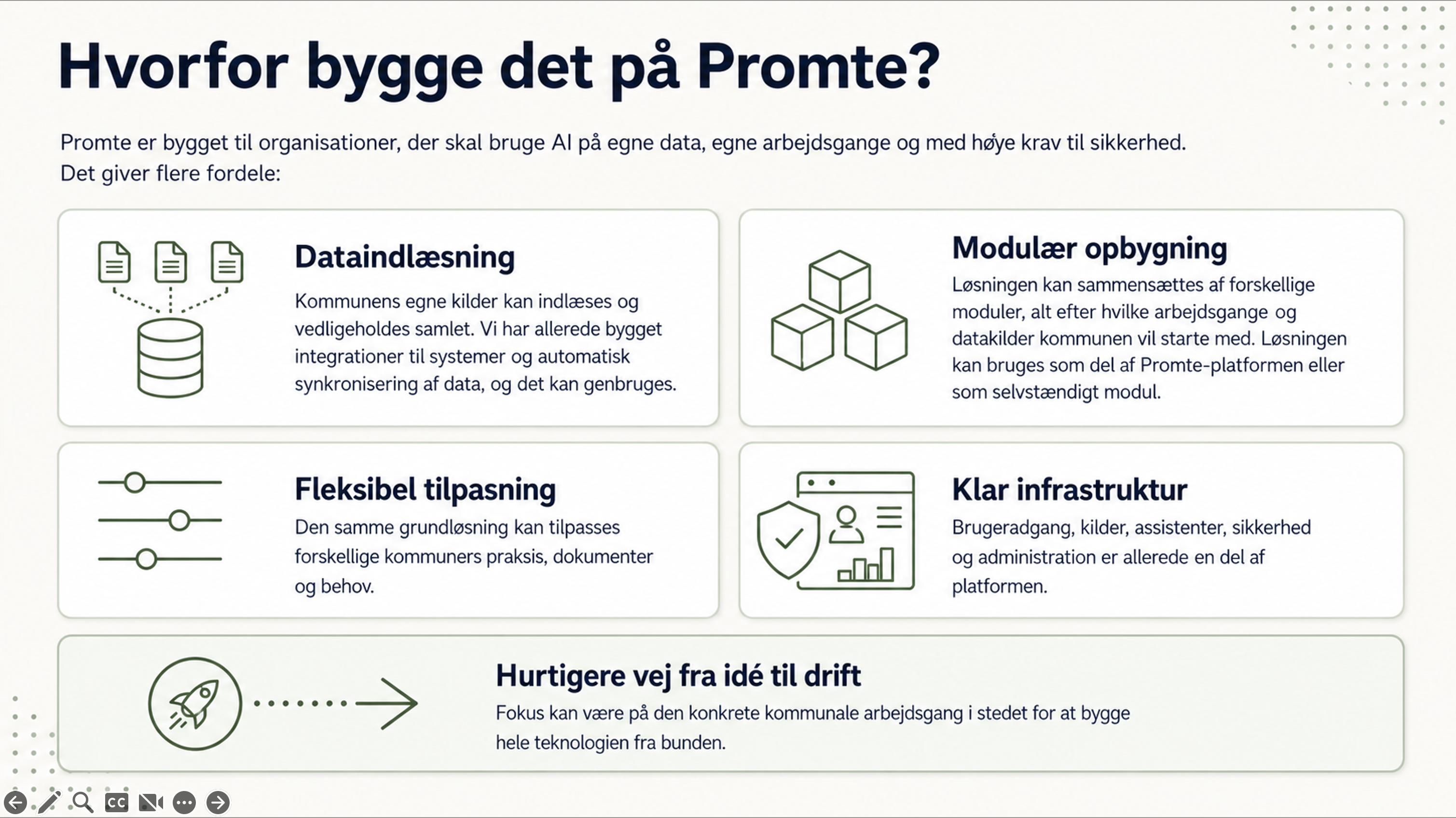 Slide explaining the benefits of building the solution on Promte with data ingestion, modular structure, flexible adaptation and ready infrastructure